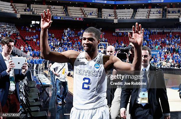 Aaron Harrison of the Kentucky Wildcats walks off the court after defeating the Cincinnati Bearcats 64-51 during the third round of the 2015 NCAA...