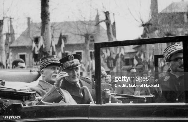 Marshal Henri Philippe Petain and Admiral Jean Xavier Francois Darlan, in a military parade during World War Two, Vichy, France, 1942.