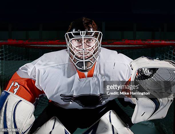 portrait of ice hockey goaltender - hockey keeper stockfoto's en -beelden