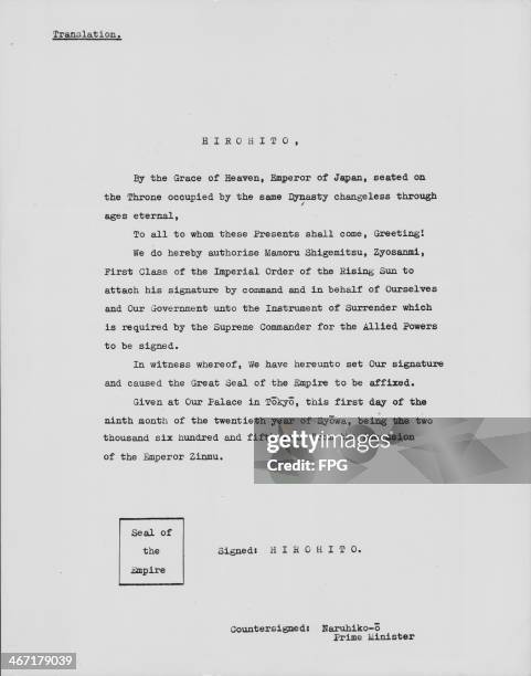 English translation of the letter confirming Japan's surrender during World War Two, signed by Emperor Hirohito and Foreign Minister Mamoru...