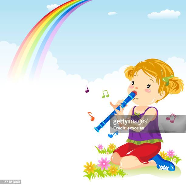 illustrazioni stock, clip art, cartoni animati e icone di tendenza di bambina giocando in primavera registratore - flauto