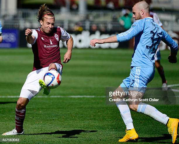 Rapids Michael Harrington tries to pass past NYC's Adam Nemec . The Colorado Rapids take on the New York City FC on opening day at Dick's Sporting...