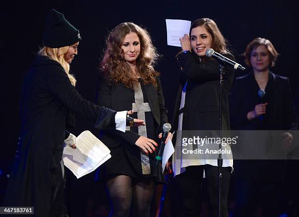 Madonna invites Nadezhda Tolokonnikova and Maria Alyokhina , members of Russian punk group Pussy Riot to the stage at Amnesty International's...