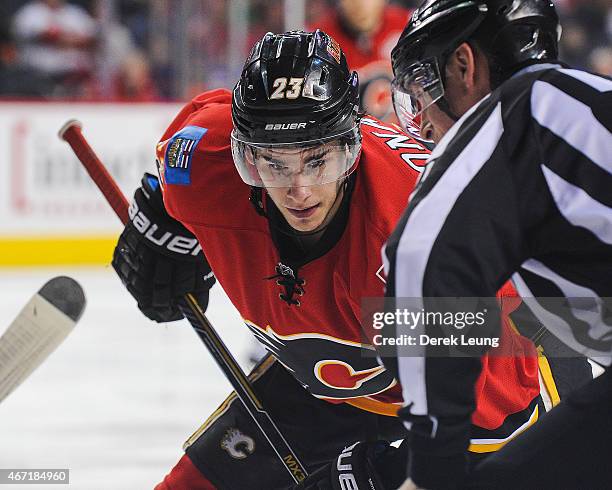 Sean Monahan of the Calgary Flames skates against the Columbus Blue Jackets during an NHL game at Scotiabank Saddledome on March 21, 2015 in Calgary,...