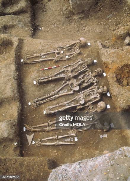 Black Death burial trench under excavation at the Royal Mint site, East Smithfield, London, view looking south.