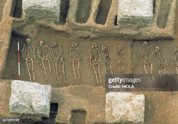 Close-up view of a burial trench between rows of individual graves, excavated between the concrete foundations of the Royal Mint, from the excavation...