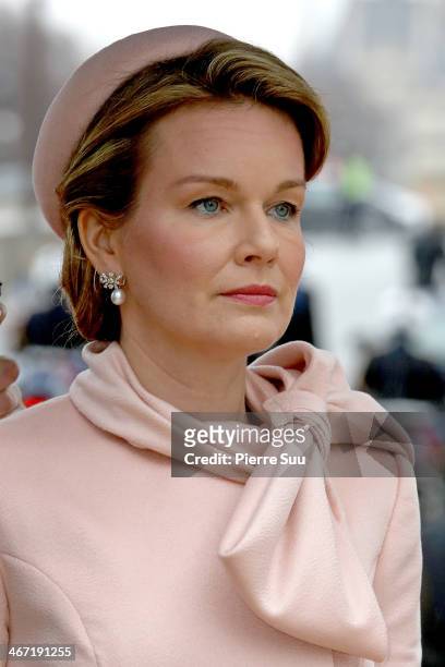 Queen Mathilde Of Belgium Lays a wreath at the foot of the statue of King Albert I on a one day official visit to Paris on February 6, 2014 in Paris,...