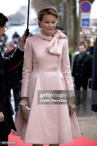 Queen Mathilde Of Belgium Lays a wreath at the foot of the statue of King Albert I on a one day official visit to Paris on February 6, 2014 in Paris,...