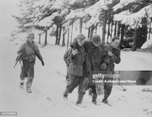 Soldier escorting three injured German prisoners on war, World War Two, captured at Bastogne, Belgium, December 1944.