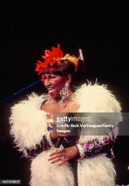Cuban-born American salsa singer Celia Cruz performs with her first band La Sonora Matancera during a Jazz at Lincoln Center concert at Alice Tully...