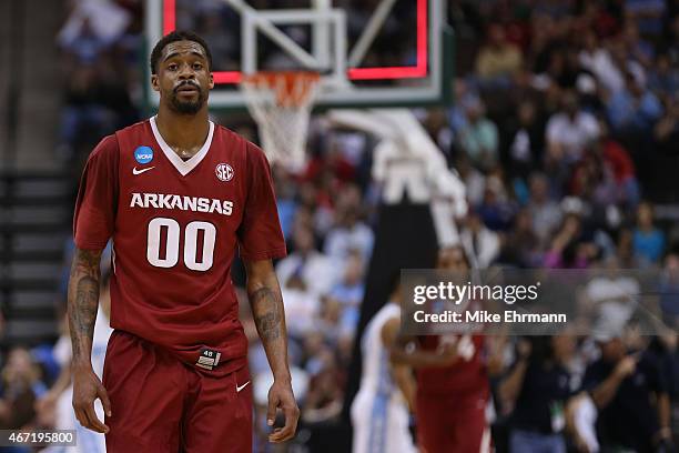 Rashad Madden of the Arkansas Razorbacks reacts against the North Carolina Tar Heels in the first half during the third round of the 2015 NCAA Men's...