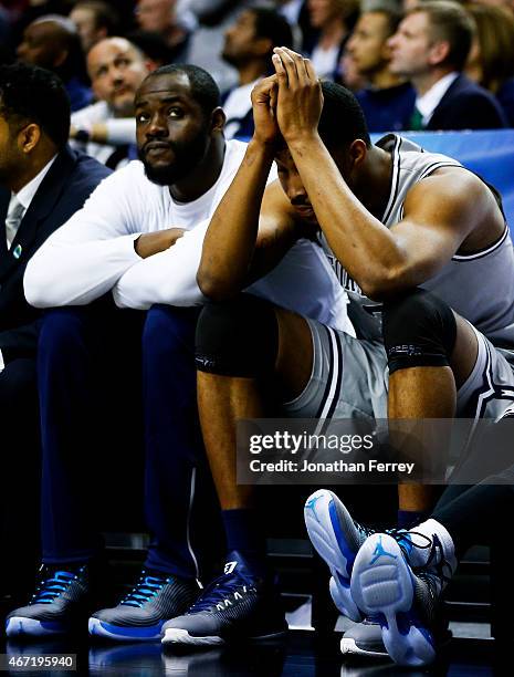 Mikael Hopkins of the Georgetown Hoyas and teammates react on the bench in the second half against the Utah Utes during the third round of the 2015...