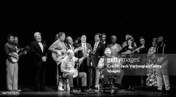 American folk musicians Pete Seeger and Burl Ives lead the finale of the 'Folksongs USA' benefit concert at the 92nd Street Y, New York, New York,...