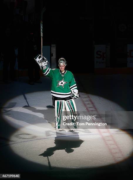 Kari Lehtonen of the Dallas Stars celebrates after the Stars shut out the Chicago Blackhawks 4-0 at American Airlines Center on March 21, 2015 in...