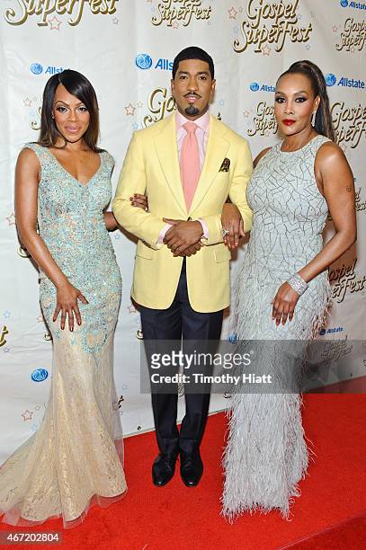 Wendy Raquel Robinson, Fonzworth Bentley, and Vivica A. Fox attend the Allstate Gospel Super Fest at House of Hope Arena on March 21, 2015 in...
