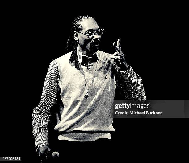 Recording artist Snoop Dogg speaks on stage at the Snoop Dogg Keynote during the 2015 SXSW Music, Film + Interactive Festival at Austin Convention...