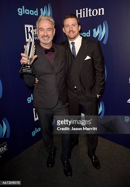 Director Roland Emmerich and actor Channing Tatum pose with the Stephen F. Kolzak Award during the 26th Annual GLAAD Media Awards at The Beverly...