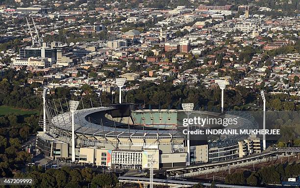 The Melbourne Cricket Ground is seen in this aerial view taken in Melbourne on March 21, 2015. The MCG will host the 2015 Cricket World Cup final...