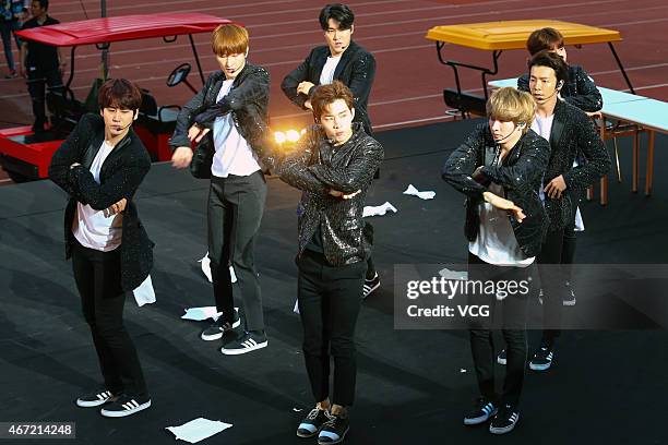 Super Junior pefrom on the stage during SM Town live concert on March 21, 2015 in Taipei, Taiwan of China.