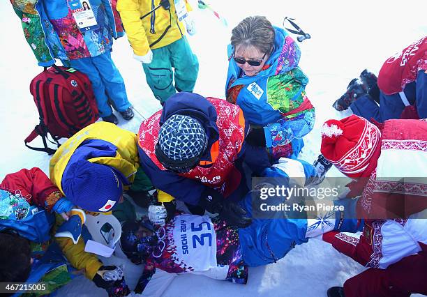 Miki Ito of Japan suffers an injury in the warm up before the Ladies' Moguls Qualification at Rosa Khutor Extreme Park on February 6, 2014 in Sochi,...