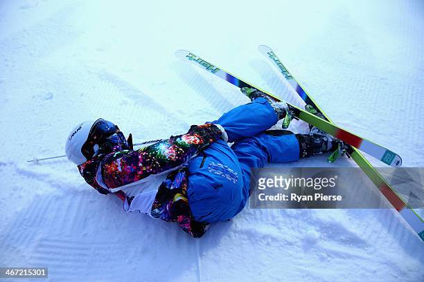 Miki Ito of Japan suffers an injury in the warm up before the Ladies' Moguls Qualification at Rosa Khutor Extreme Park on February 6, 2014 in Sochi,...