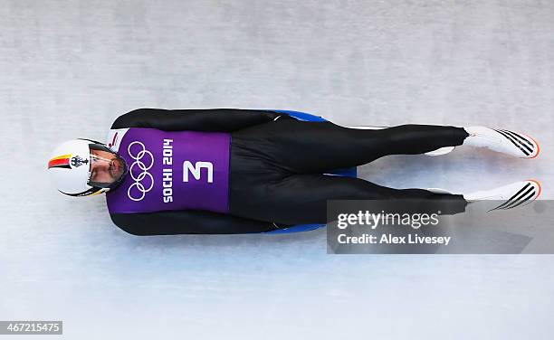 Andi Langenhan of Germany makes a run during the men's luge training session ahead of the Sochi 2014 Winter Olympics at the Sanki Sliding Center on...