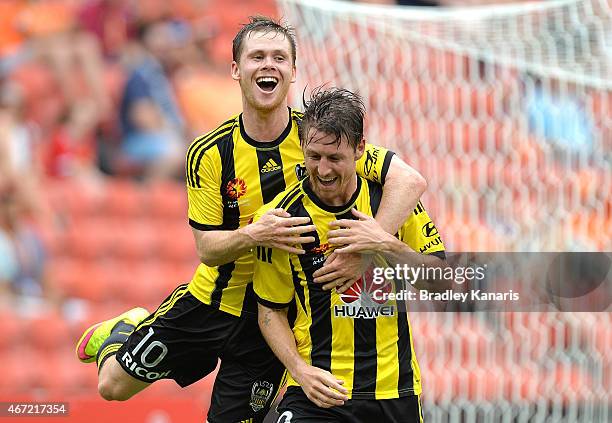 Nathan Burns of Wellington Phoenix celebrates after scoring a goal during the round 22 A-League match between the Brisbane Roar and the Wellington...