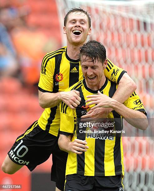 Nathan Burns of Wellington Phoenix celebrates after scoring a goal during the round 22 A-League match between the Brisbane Roar and the Wellington...