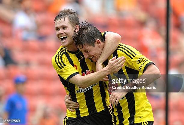 Nathan Burns of Wellington Phoenix celebrates with Michael McGlinchey after scoring a goal during the round 22 A-League match between the Brisbane...