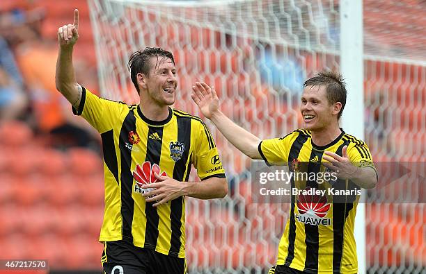 Nathan Burns of Wellington Phoenix celebrates with Michael McGlinchey after scoring a goal during the round 22 A-League match between the Brisbane...