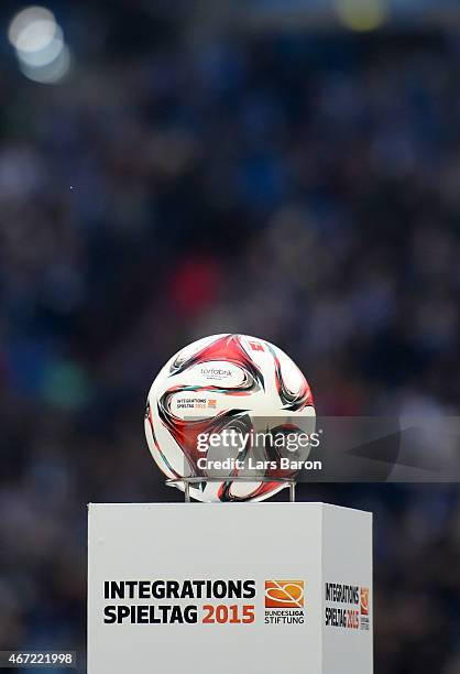 The German Bundesliga Stiftung presents a promotion for integration in football during the Bundesliga match between FC Schalke 04 and Bayer 04...