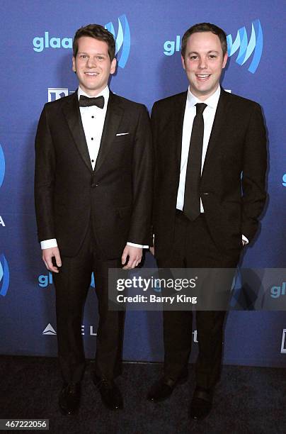 Writer Graham Moore and producer Ido Ostrowsky arrive at the 26th Annual GLAAD Media Awards at The Beverly Hilton Hotel in Beverly Hills, California.