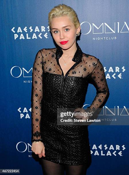 Enterainer Miley Cyrus makes an appearance at Omnia Nightclub at Caesars Palace on March 22, 2015 in Las Vegas, Nevada.