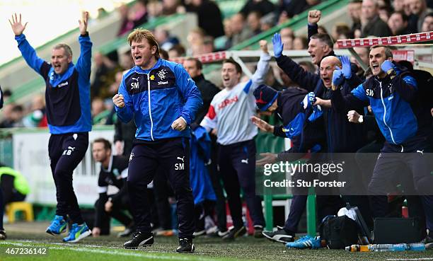 Rangers manager Stuart McCall celebrates the opening goal during the Scottish Championship match between Hibernian and Rangers at Easter Road on...