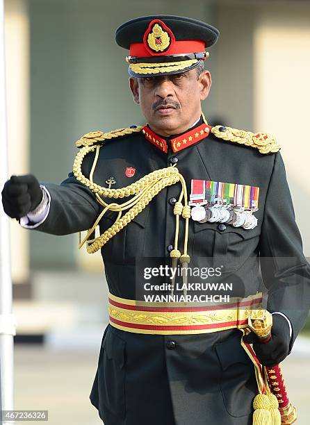 Sri Lankas first field marshal Sarath Fonseka marches during a ceremony in Colombo where President Maithripala Sirisena conferred the honorary...