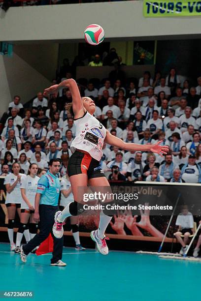 Elisabeth Fedele of ES Le Cannet-Rocheville VB serves the ball during the Women's Final of La Coupe de France between RC Cannes and ES Le...