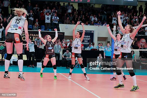 The ES Le Cannet-Rocheville VB team celebrates their victory after the Women's Final of La Coupe de France between RC Cannes and ES Le...