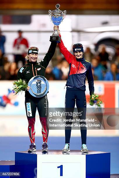 Gold medalist Martina Sablikova of the Czech Republic and Silver medalist Claudia Pechstein of Germany pose for a photo after winning the Women's...