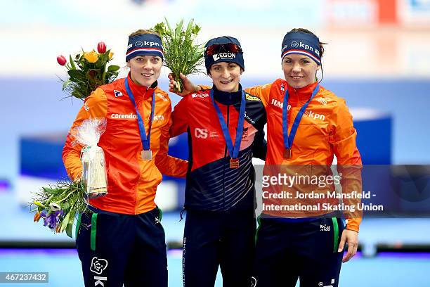 Gold medalist Martina Sablikova of the Czech Republic , Silver medalist Marije Joling of the Netherlands and Bronze medalist Diane Valkenburg of the...