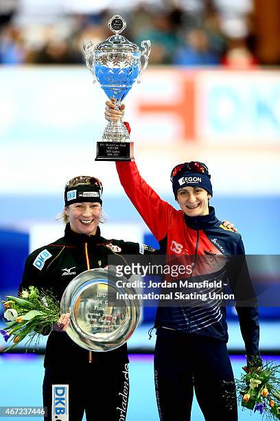 Gold medalist Martina Sablikova of the Czech Republic and Silver medalist Claudia Pechstein of Germany pose for a photo after winning the Women's...