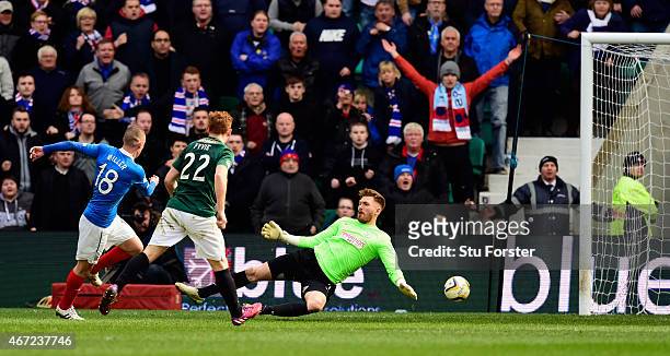 Rangers forward Kenny Miller slots the ball past Hibs goalkeeper Mark Oxley for the second goal during the Scottish Championship match between...
