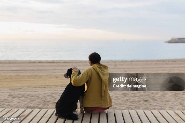 woman enjoy the sea with dog - barceloneta beach bildbanksfoton och bilder