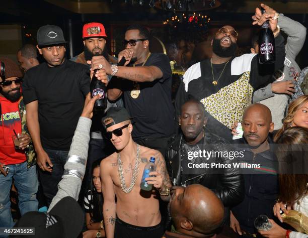 Jermain Dupri, Alex Gidewon, Satlley, Sean 'Diddy' Combs, Justin Bieber and Rick Ross attend Ciroc party at Vanquish Lounge on February 5, 2014 in...