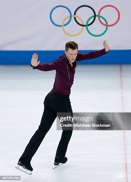 Jeremy Abbott of the United States competes in the Figure Skating Men's Short Program during the Sochi 2014 Winter Olympics at Iceberg Skating Palace...