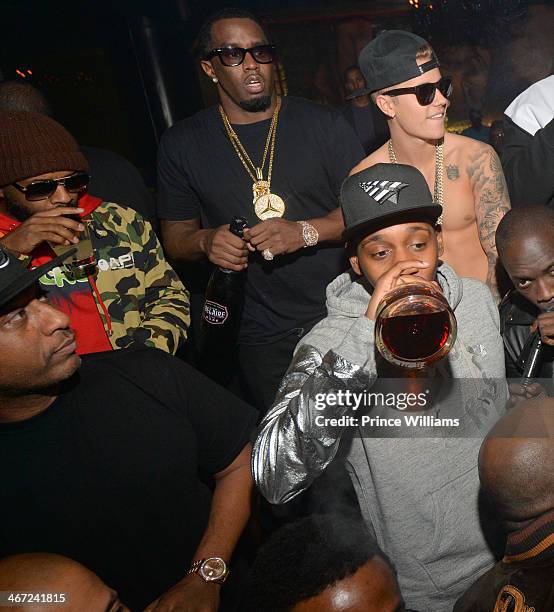 Alex Gidewon, Jermain Dupri, Sean 'Diddy' Combs, Justin Bieber and Ruggs attend Ciroc party at Vanquish Lounge on February 5, 2014 in Atlanta,...