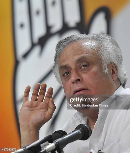 Senior Congress Leader Jairam Ramesh speaking to media personnel regarding Land Acquisition Bill as Prime Minister talks about his speech on "Man Ki...