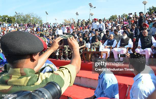 Home Minister Rajnath Singh along with CM Punjab Parkash Singh Badal and BSF DG Dk Pathak during the inauguration of the expansion of the new...