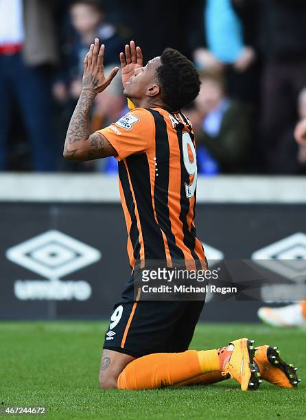 Abel Hernandez of Hull City as he scores their second goal during the Barclays Premier League match between Hull City and Chelsea at KC Stadium on...