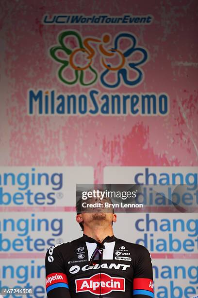 Race winner John Degenkolb of Germany and Team Giant - Alpecin celebrates on the podium following the 2015 Milan-SanRemo cycle race on March 22, 2015...