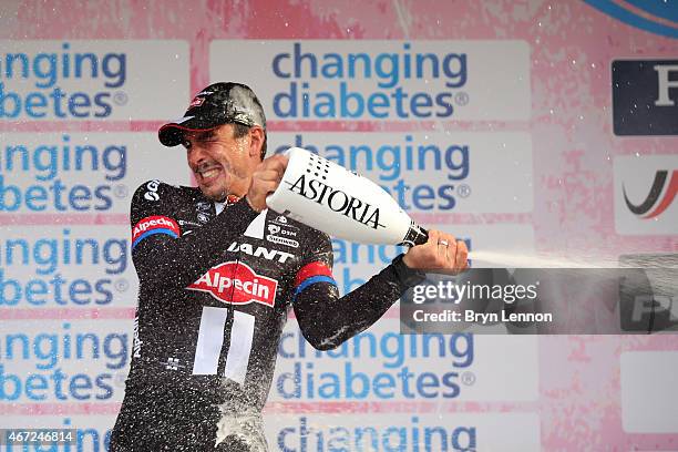 Race winner John Degenkolb of Germany and Team Giant - Alpecin celebrates on the podium following the 2015 Milan-SanRemo cycle race on March 22, 2015...